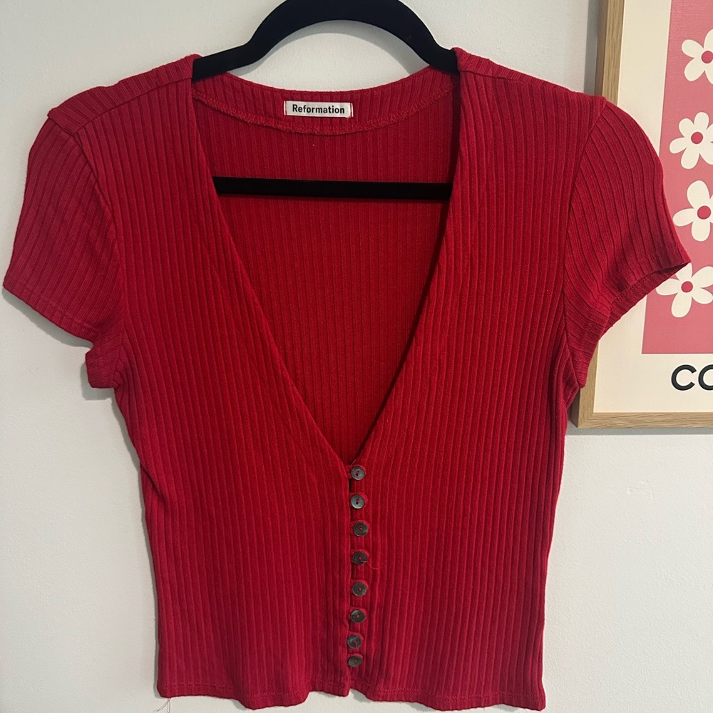 Reformation Scarlet Ribbed Button-Down Shirt